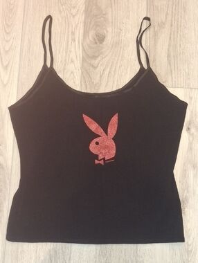Vintage, Nwot, PLAYBOY Black Camisole with Red Glitter Bunny Logo